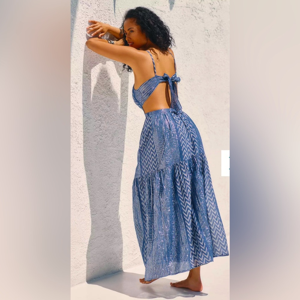 Anthropologie Mahila Reva Blue Stripe Maxi Dress Wedding formal shower party - Picture 2 of 4